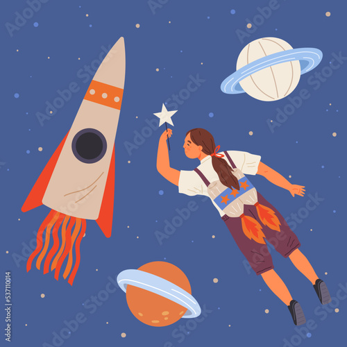 Astronaut woman with jet backpack flying among planets and rockets. Lady dressed as spaceman dreams about space. Girl with self made jetpack flying to sky. Person in costume of space explorer