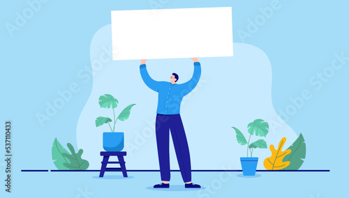 Person holding empty sign - Vector character holding blank white paper to insert your own text. Flat design illustration with blue background