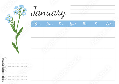 Monthly daily weekly january planner. A4 horizontal page with floral design. Organizer, schedule with place for notes; goals, to do list. Forget-me-not, scorpion grasses wild flower.