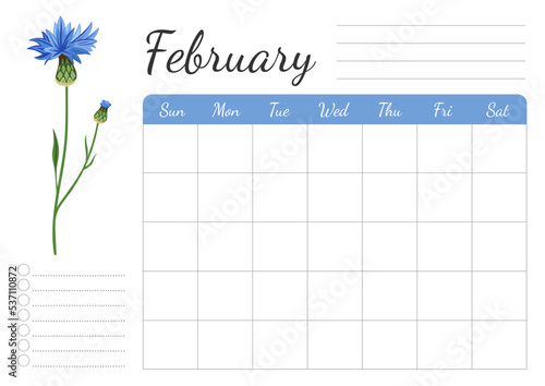 Monthly daily weekly february planner. A4 horizontal page with floral design. Organizer, schedule with place for notes; goals, to do list. Blue cornflower.