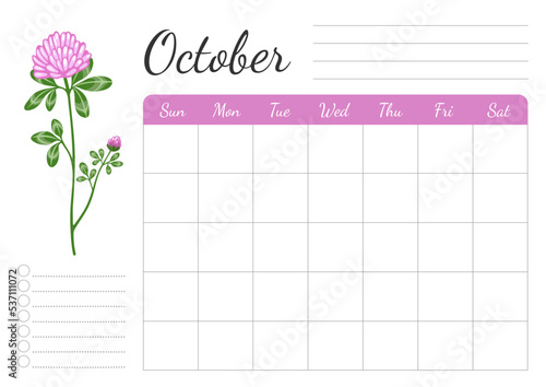 Monthly daily weekly october planner. A4 horizontal page with floral design. Organizer, schedule with place for notes; goals, to do list. Red clover wild flower.