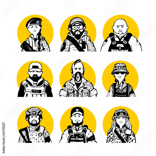 Collection 23 comic faces and characters of people in style of doodles for avatar in yellow circle. Men and women as Ukrainian defenders in military clothes. Armed Forces of Ukraine
