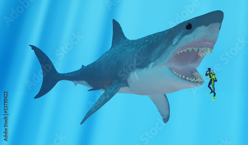 Megalodon Shark attacks Diver - The Megalodon is an extinct megatoothed shark that existed in prehistoric times  from the Oligocene to the Pleistocene Epochs.