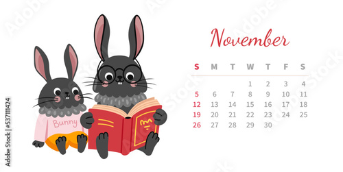 November 2023 calendar page horizontal template. Cute bunny mom character reading fairy tail to child. Rabbit, chinese symbol and mascot of new year. Week starts on sunday. Vector illustration.