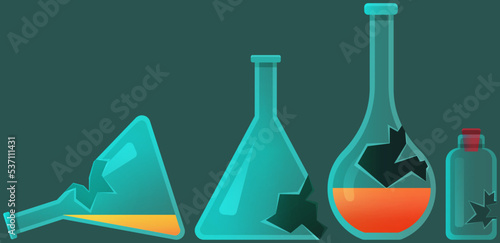Broken laboratory beaker. Test tube on dark background on shelves. Failed experiment in lab. Error creating vaccine. Theme of chemistry, medicine. Concept of explosive chemical reaction, dangerous try