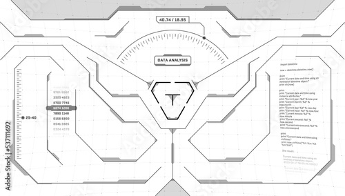 VR HUD digital future interface triangular sight. Sci-fi virtual reality technology view head up display. GUI UI technology black and white dashboard panel. FUI binocular viewfinder visor. Vector eps