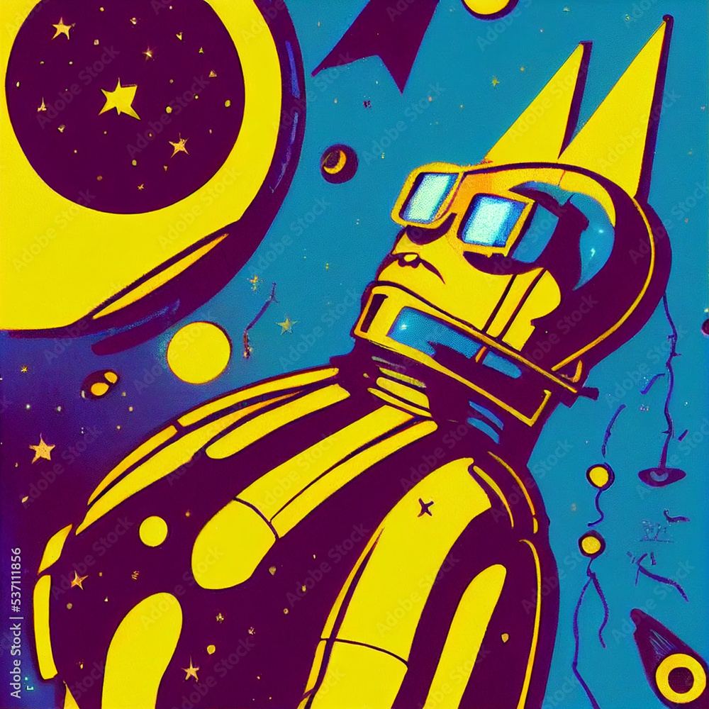 Fototapeta premium Hand drawn comic illustration of Live on Another Planet, Retro and 90s style, Cosmos, Pop Art, Abstract, Crazy, and Psychedelic Background 