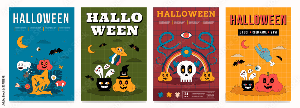 Naklejka premium A set of colorful Halloween posters with trending funny illustrations. Groovy placard templates.