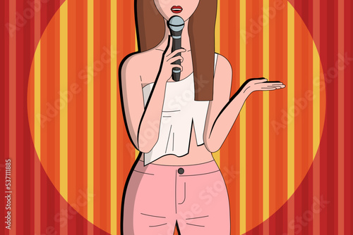 Stand up female comedian speaking a live show. Woman with microphone on a scene. Red curtain on background. Yellow spotlight. Flat vector design.