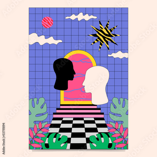 Surreal abstract poster with profiles on the background of arches, stairs and black and white tiles. Textured vector hippie collage for cover, print.