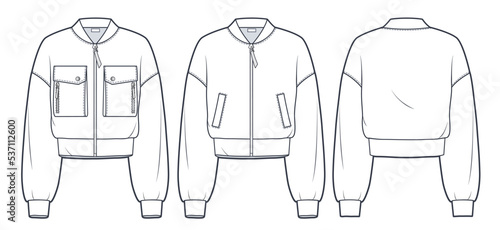 Sweatshirt set technical fashion Illustration. Oversize Bomber Jacket fashion flat technical drawing template, pockets, zip closure, front and back view, white color, women, men, unisex CAD mock-up.