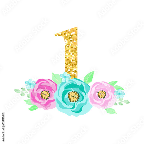 glitter number obe with flowers. Birthday invitation. 1 year, 1 month. Happy birthday.
