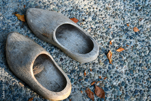 An image of a pair of old and weathered handmade wooden shoes.