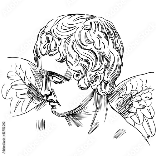 Vector illustration of Eros Stringing the Bow. Line drawing of ancient greek sculpture Cupid