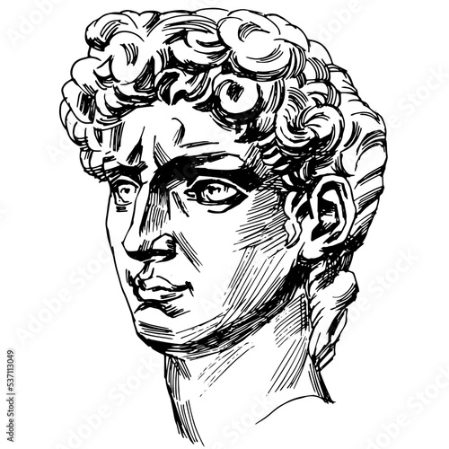 Hand drawn vector sketch marker illustration of renaissance sculpture. Head of David of Michelangelo