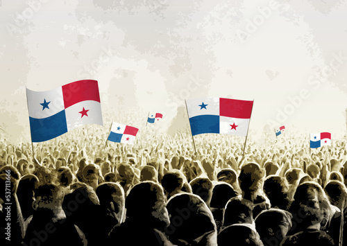 Crowd with the flags of Panama, people cheering national team of Panama. Ai generated illustration of crowd.