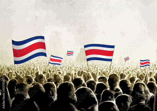 Crowd with the flags of Costa Rica, people cheering national team of Costa Rica. Ai generated illustration of crowd.