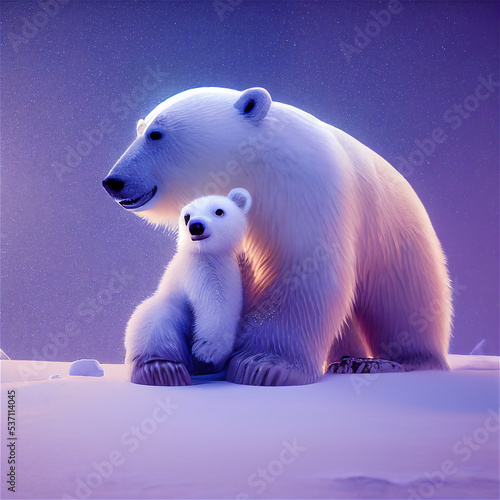 Mama polar bear and her cub