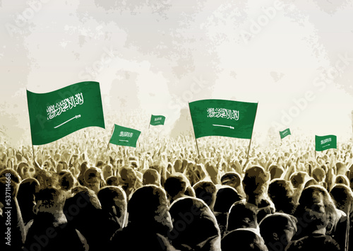 Crowd with the flags of Saudi Arabia, people cheering national team of Saudi Arabia. Ai generated illustration of crowd.