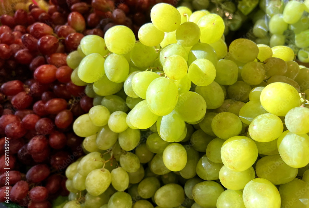Huge bunches of grapes lie on the counter of a large store in Granville Island Red and green grapes are very appetizing and healthy Natural product for delicious food Huge bunches of grapes lie on the counter of a large store in Granville Island Red and green grapes are very appetizing and healthy Natural product for delicious food