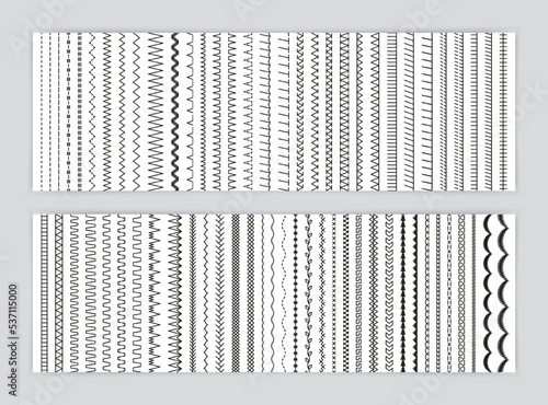 Seamless sewing stitches. Big collection. Embroidery and sew brush. Set of machine thread seams. Overlock zigzag element. Line border isolated on white background. Simple vector illustration.