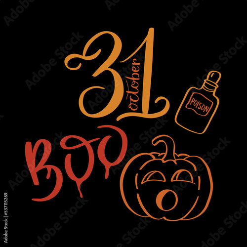 Happy Halloween bright calligraphy design pattern. Cartoon style vibe in vector illustration