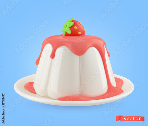 Panna cotta with strawberry 3d vector icon