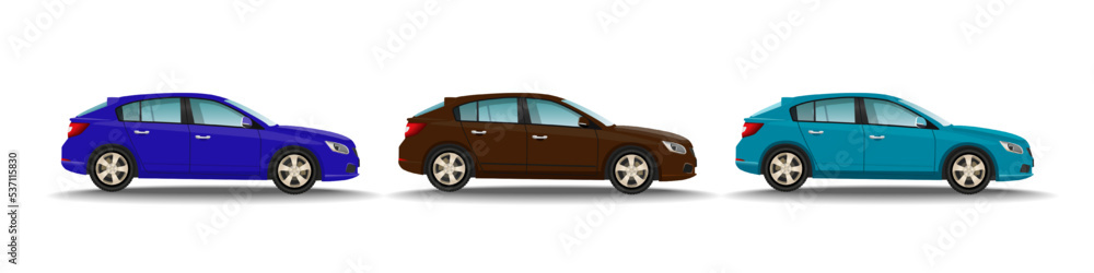 Set of three different colors cars on white background. Hatchback vehicles side view, blue, brown, turquoise. Family transport concept. Vector illustration.