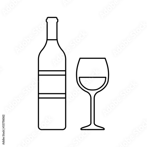 Bottle and glass of white wine. Linear icons beverages isolated on white background. Outline black alcoholic drinks with wineglasses in flat design. Thin line objects. Vector illustration.