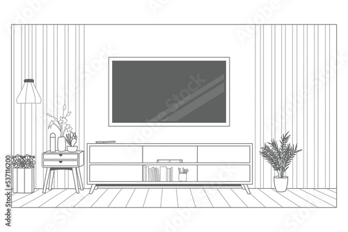TV Wall Mount on Cabinet line drawing interior design hand sketch illustration