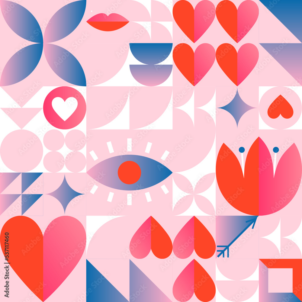 Valentines Day seamless pattern template.Romantic vector wallpaper in bauhaus style with geometric elements and symbols.Modern trendy design for prints,banners,fabric,invitations,branding,covers.