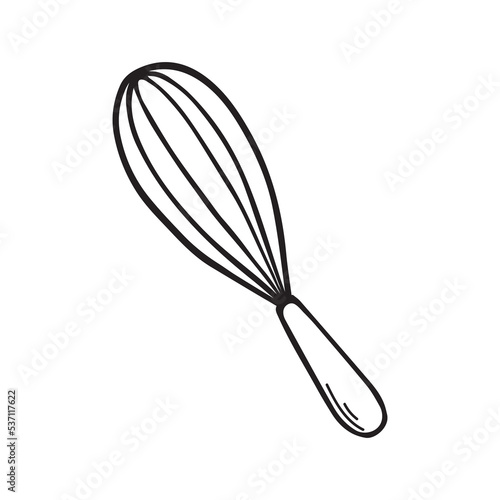 Hand drawn wire whisk doodle. Kitchen appliance in sketch style. Vector illustration isolated on white background