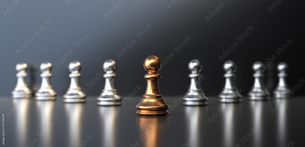 Leadership and growth concept, bronze pawn of chess, standing out from the crowd of silver pawns. 3D Rendering Leadership and growth concept, bronze pawn of chess, standing out from the crowd of silver pawns. 3D Rendering