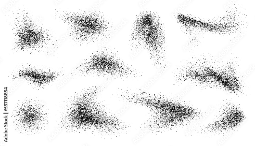 Dotwork abstract shapes, black grain texture, Abstract stipple sand effect, gradient from dots. Vector illustration.