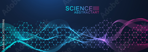 Modern scientific background with hexagons, lines and dots. Wave flow abstract background. Molecular structure for medical, technology, chemistry, science. Vector illustration