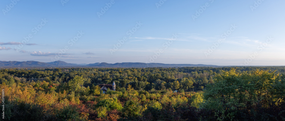 panoramic photo of a forest with a chapel somewhere in Ukraine panoramic photo of a forest with a chapel somewhere in Ukraine