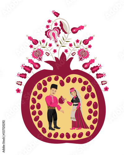 A loving couple of Crimean Tatars in national clothes eat pomegranate. Ornament "Tree of Life" with pomegranate fruits. Wealth symbol. Concept of wedding, engagement.