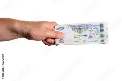 United Arab Emirates Money, Man Paying, Paper Banknotes, UAE Dirhams, Isolated on White Background