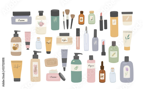 Set of different beauty natural cosmetics in bottles, jar and tubes for skin, body and hair care. Cosmetic and makeup products vector illustration. Cream, shampoo, serum, shower gel, lotion, soap.