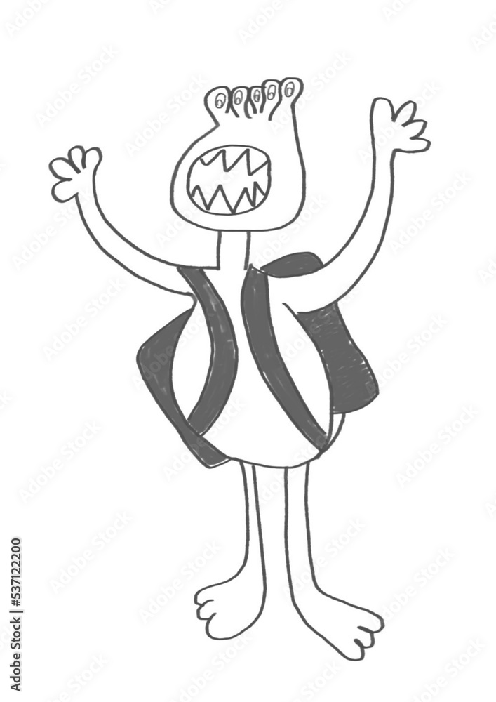 Dibujo a mano de Monstruo o Extraterrestre con una mochila. Tiene muchos ojos y muchos dientes. Dibujo a mano de Monstruo o Extraterrestre con una mochila. Tiene muchos ojos y muchos dientes.
