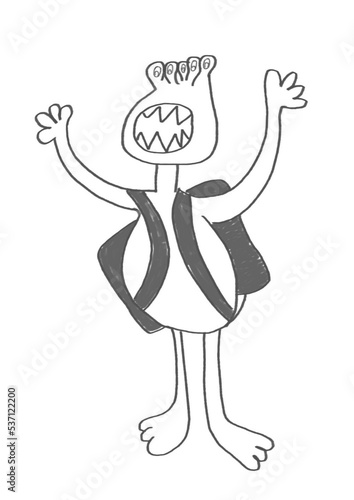 Dibujo a mano de Monstruo o Extraterrestre con una mochila. Tiene muchos ojos y muchos dientes.