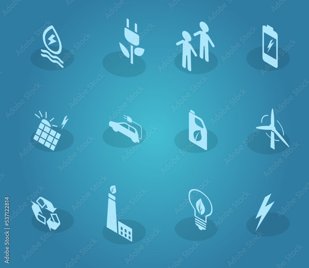 Eco collection with various icons on theme of ecology and green energy. Isolated sign modern technologies for environmental protection. Set of eco symbols in flat style isolated on dark background Eco collection with various icons on theme of ecology and green energy. Isolated sign modern technologies for environmental protection. Set of eco symbols in flat style isolated on dark background