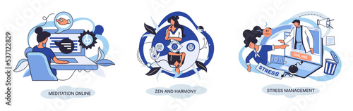 Meditation online. Self-management, self regulation learning, self-organization course, control over emotions metaphor Online yoga at home meditating. Deals with stress management, zen and harmony