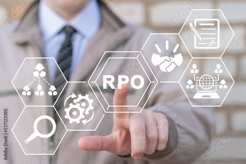 Businessman using virtual touchscreen presses abbreviation: RPO. Concept of RPO Recruitment Process Outsourcing. Outsource recruitment.