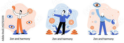 Zen and harmony metaphor, meditation practice. Balance, relaxation, mindfulness. Calm person relaxing. Yoga and spiritual practice, relax, recreation, healthy lifestyle. Japanese cult of mind and body