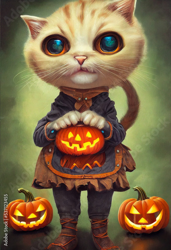 Female halloween cat illustration with Halloween pumpkins. Cat wearing scientist suit. Anthropomorphic cut cat with Halloween pumpkin. Cat with big eyes