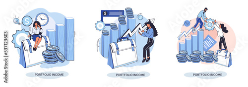 Investment portfolio income dollars currency, buy sell trading, market exchange value metaphor, businessman investor or trader balance portfolio with coins. Financiers analyzing stock market profit
