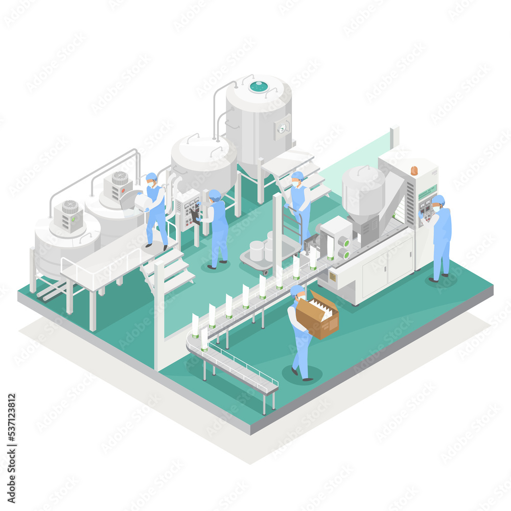 cosmetic factory process OEM production staff in uniform working clean lasyout isometric