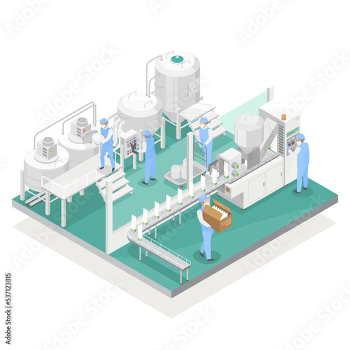 cosmetic factory process OEM production staff in uniform working clean lasyout isometric