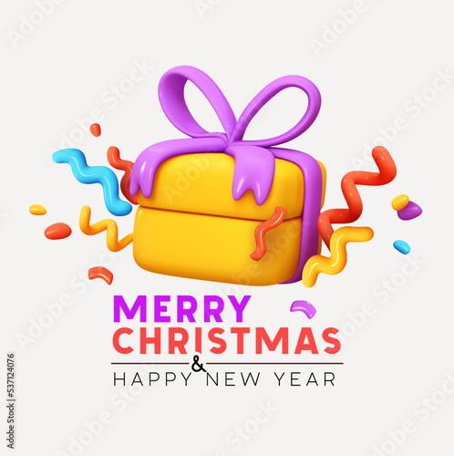 Christmas and new year design realistic 3d gift boxes. Christmas present surprise. Gift box in cartoon style. Holiday banner, web poster, flyer, greeting card. Xmas background. Vector illustration